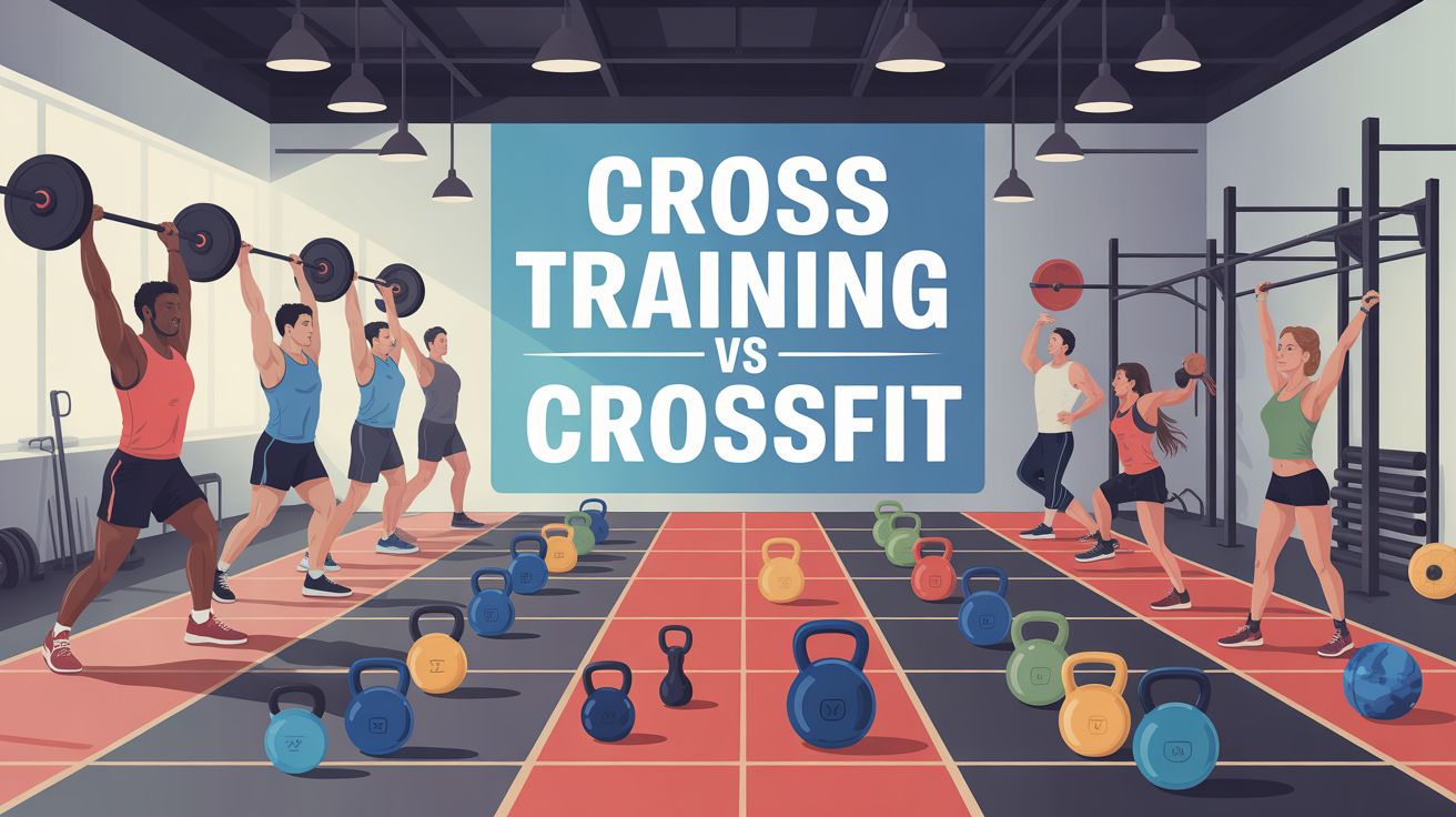 Illustration centrale avec silhouettes Cross Training et CrossFit, haltères et ambiance inclusive