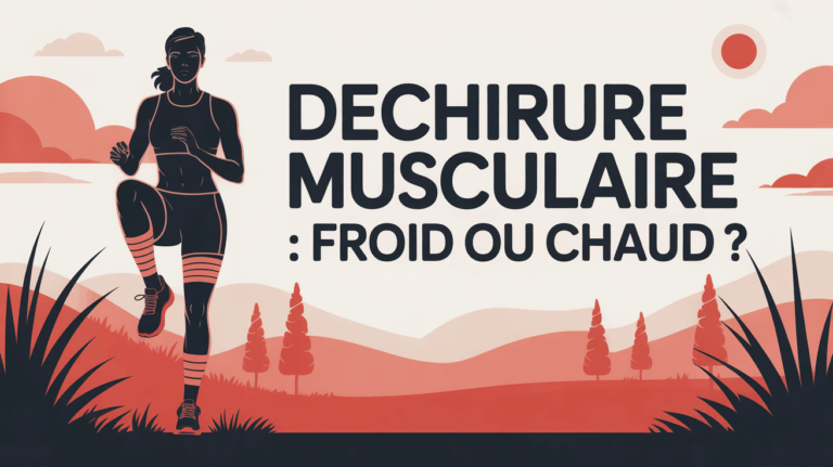 Sportif jambe bandée dehors, titre Déchirure musculaire froid ou chaud