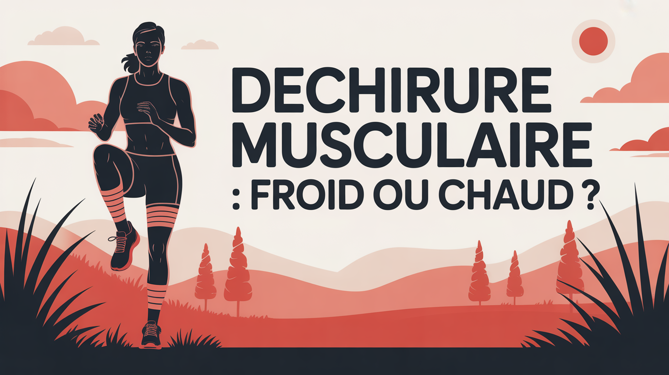 Sportif jambe bandée dehors, titre Déchirure musculaire froid ou chaud