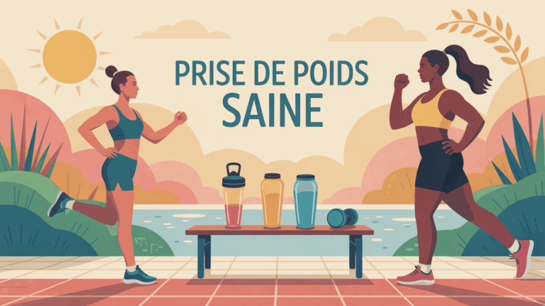 illustration prise de poids saine en exterieur avec sportifs, haltères et shakers