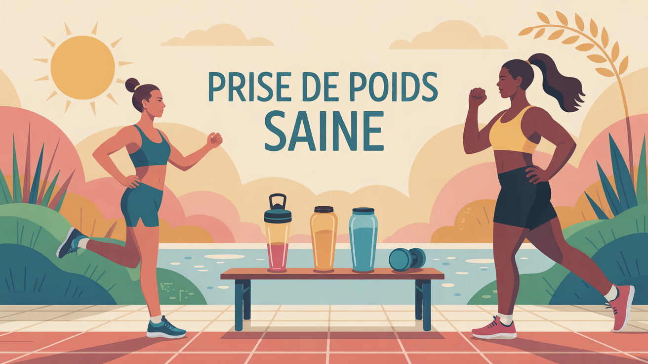 illustration prise de poids saine en exterieur avec sportifs, haltères et shakers