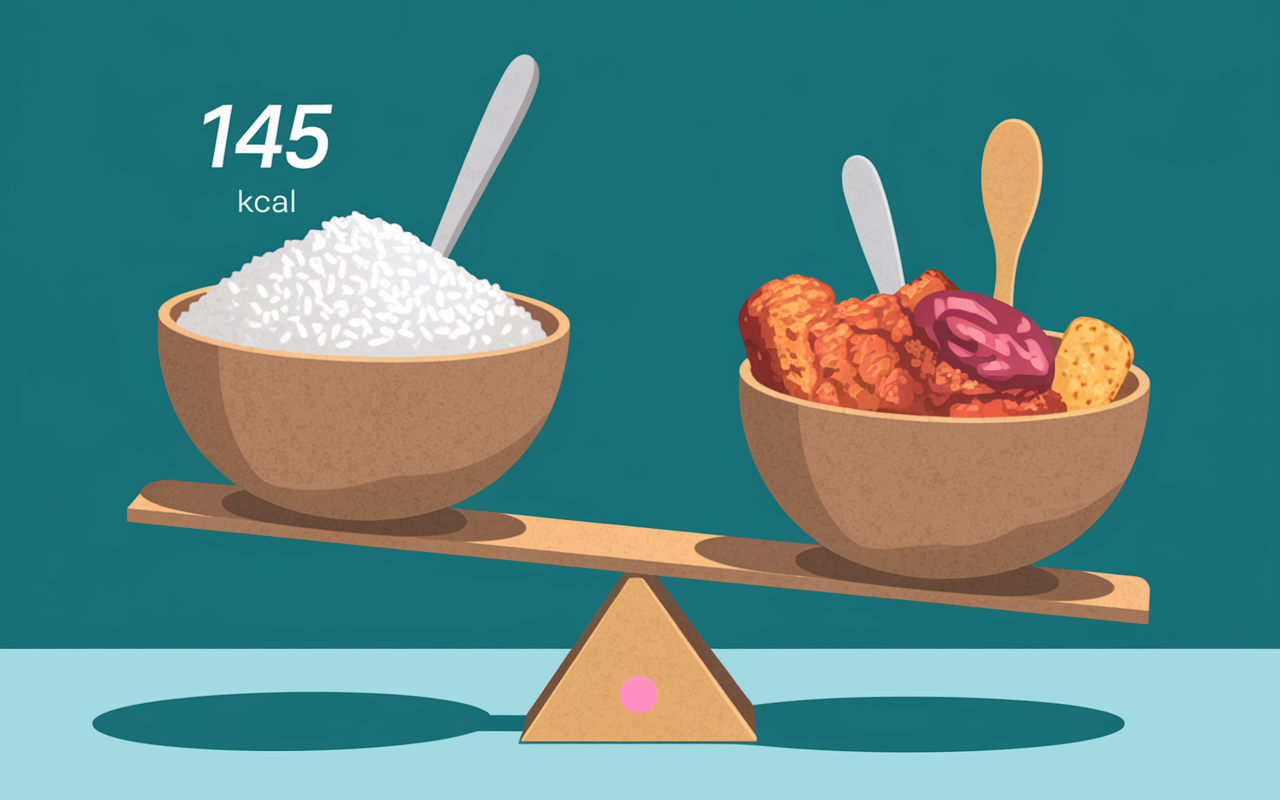 Bol de riz nature sur balance avec chiffres kcal et sauces