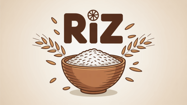 Bol de riz stylisé entouré de symboles d'équilibre alimentaire