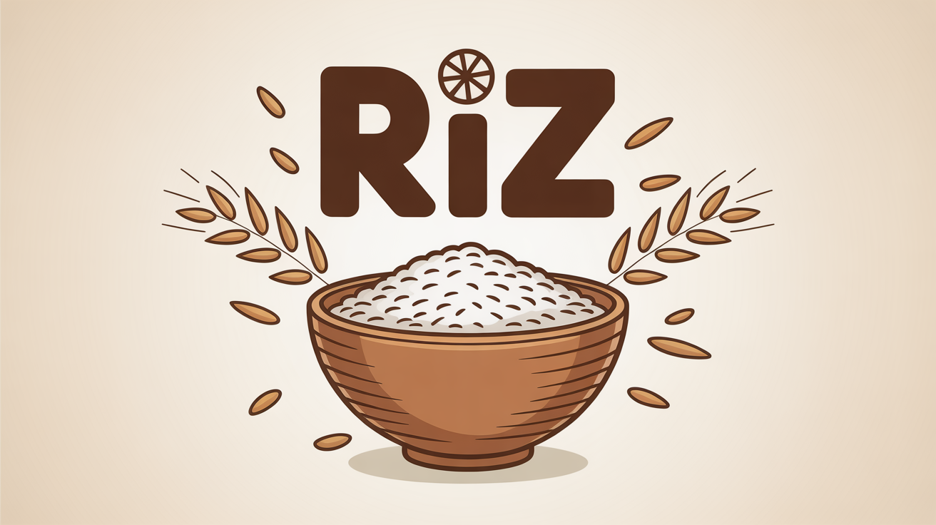 Bol de riz stylisé entouré de symboles d'équilibre alimentaire