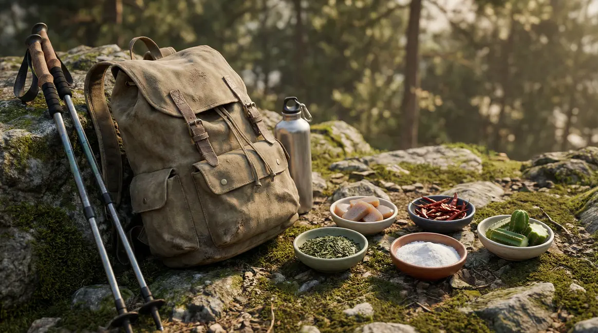 Sac à dos et aliments coupe-faim naturels sur sentier, randonnée
