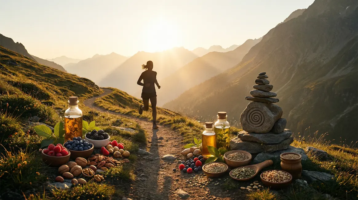 Sportif sur sentier avec aliments sains coupe faim bruleur de graisse