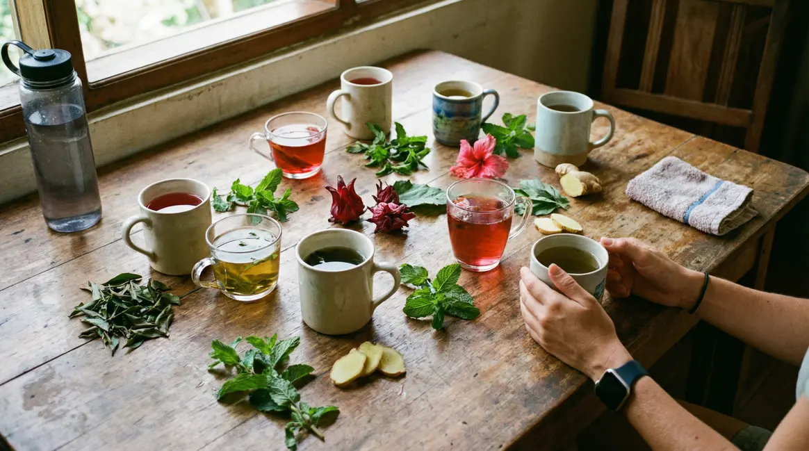 infusion brûle-graisse avec accessoires sportifs sur une table