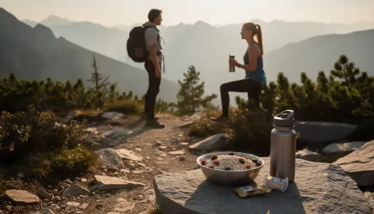 Randonneurs sur sentier, nutrition saine et bien-etre en outdoor