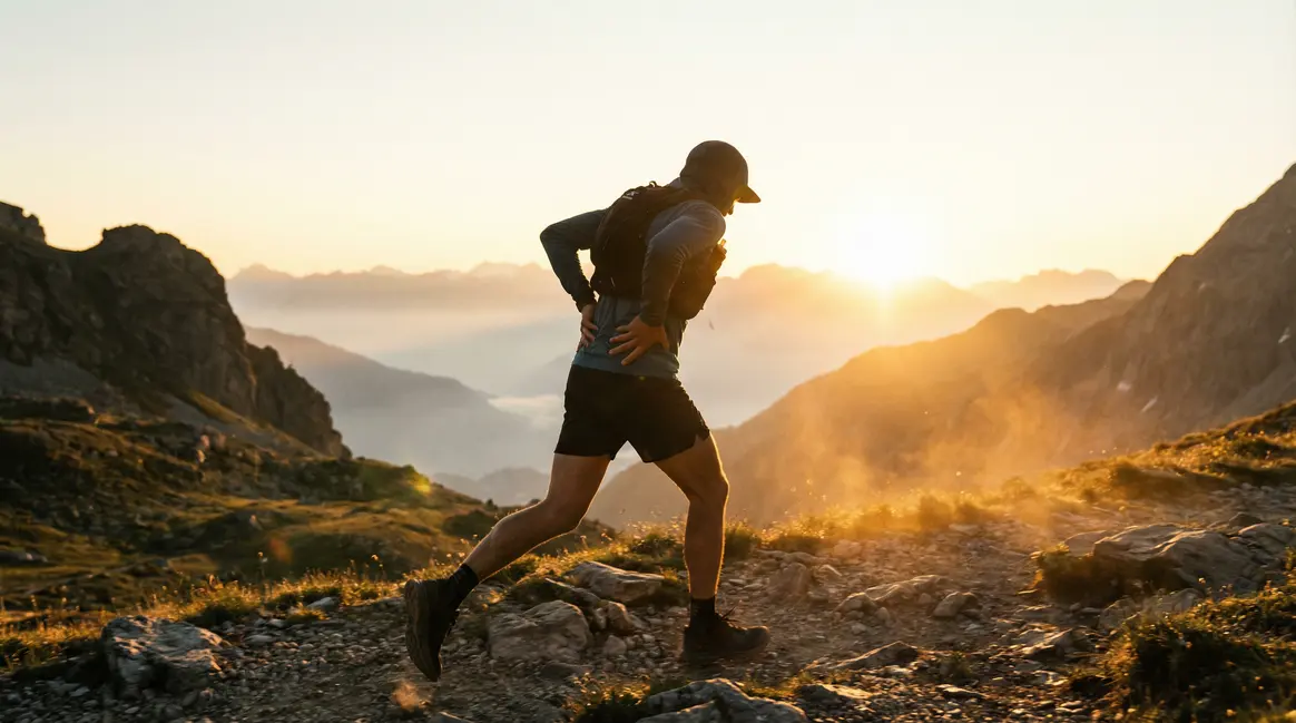 Sportif avec sac à dos, mouvement et prévention douleurs dos en montagne
