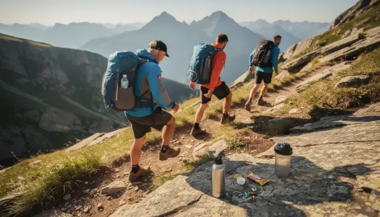 hommes en randonnée montagne avec accessoires brûleur de graisse