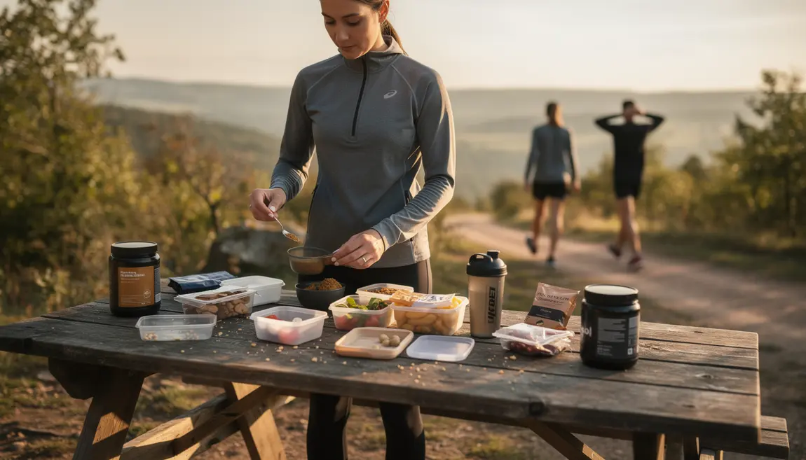 Sportif préparant compléments et collations en pleine nature