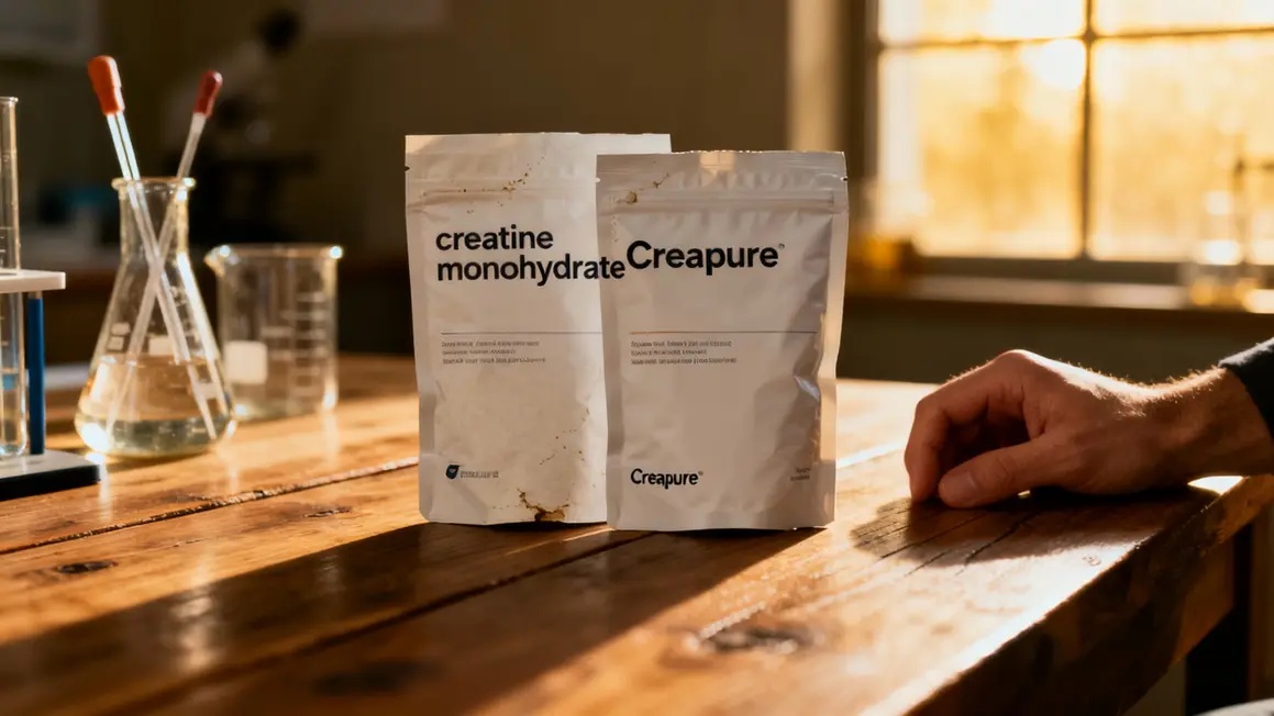 deux sachets creatine monohydrate et Creapure sur une table