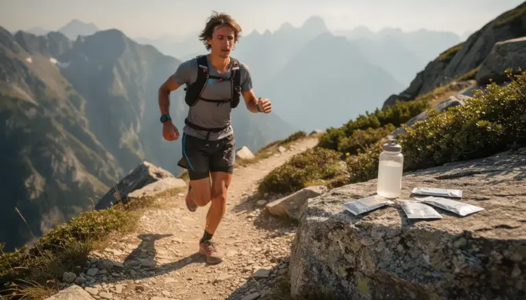 trail runner flacon creatine et poudre Creapure sentier montagne