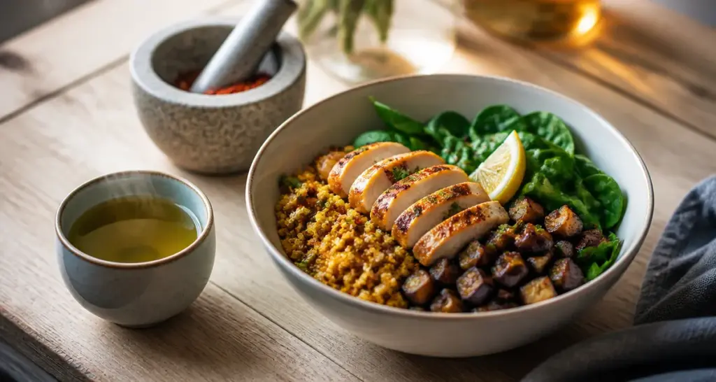Aliments brûle graisse : bowl minceur quinoa, poulet, thé vert et piment