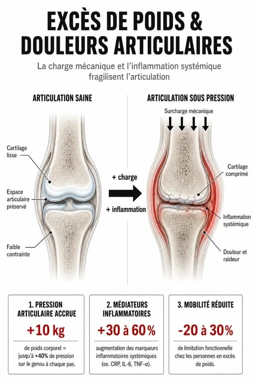 Infographie illustrant le lien entre perte de poids et douleurs articulaires et arthrose
