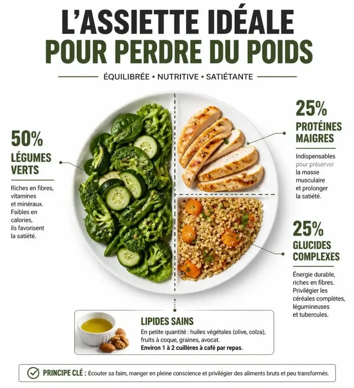 Schéma de l'assiette idéale pour perdre du poids : répartition des nutriments