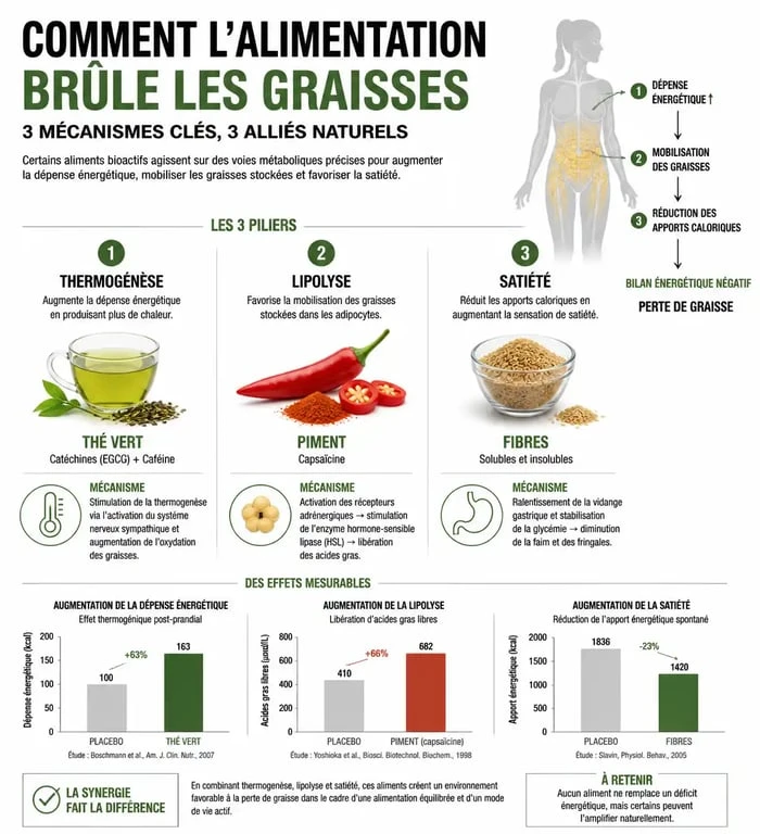 Infographie sur les mécanismes des aliments brûle-graisse et leur action sur le métabolisme
