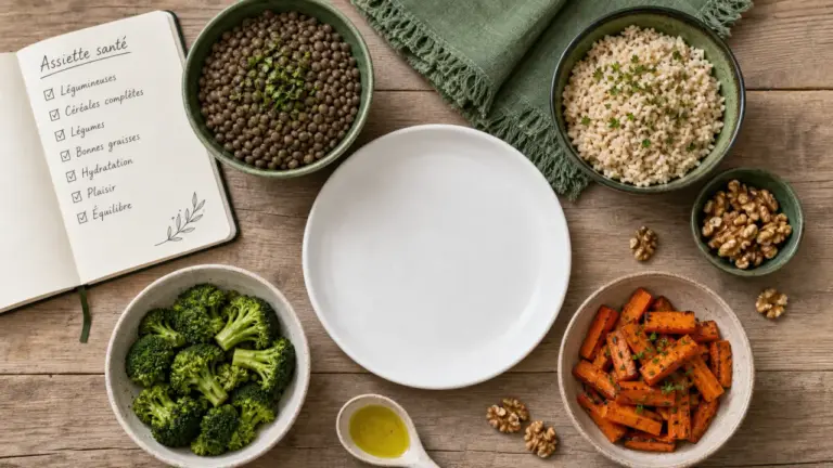 Aliment bon pour la santé : assiette fibres, lentilles, légumes