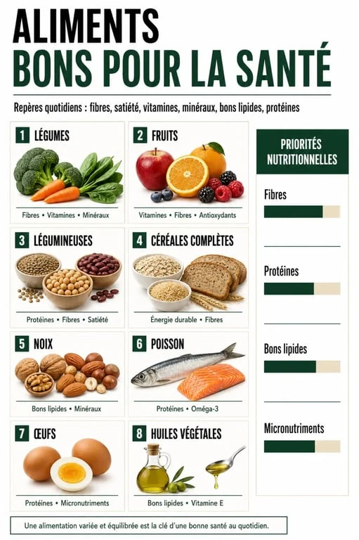 Aliment bon pour la santé : illustration éditoriale des familles d’aliments à privilégier