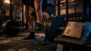 Musculation pour la force : barre olympique chargée en salle de musculation