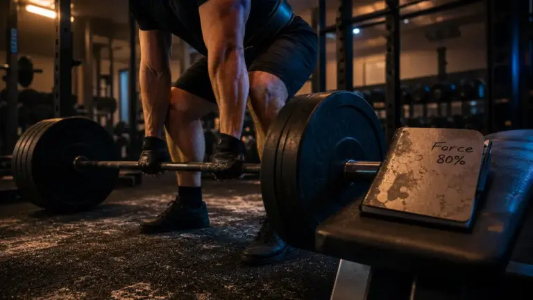 Musculation pour la force : barre olympique chargée en salle de musculation
