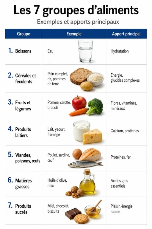 Tableau des 7 groupes d aliments avec exemples et apports principaux