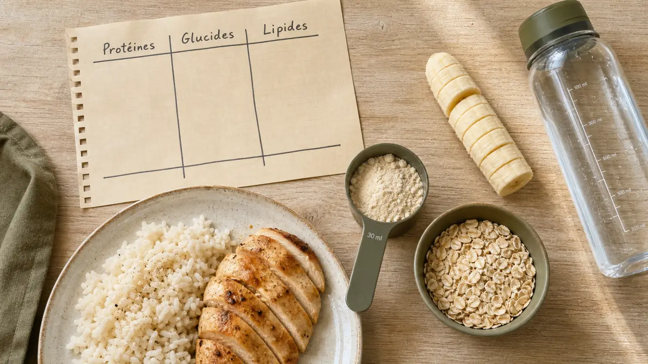 Nutrition pour la musculation : protéines, glucides, lipides (whey, riz, poulet)