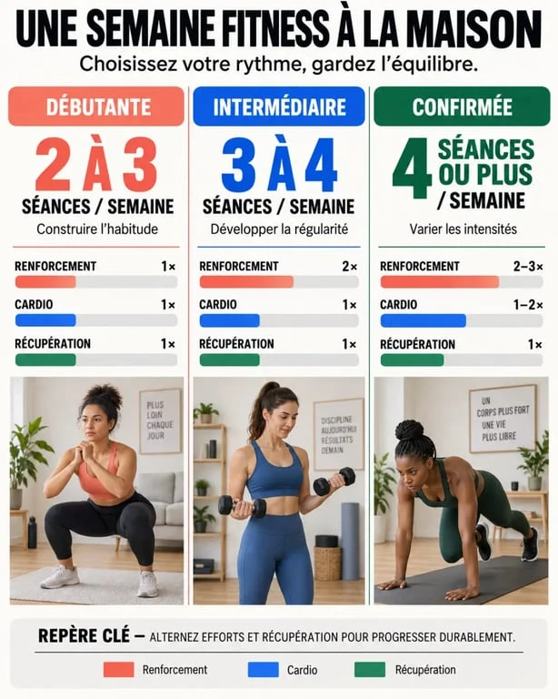 Infographie femmes fitness présentant les rythmes de séances et priorités selon le niveau