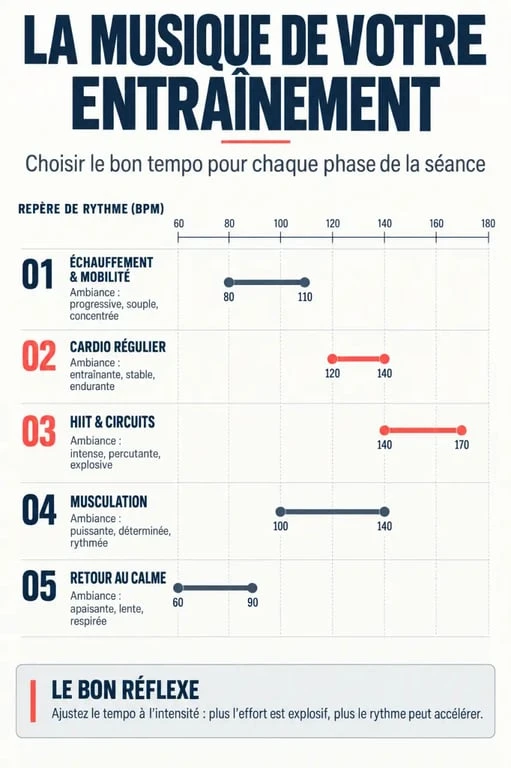 Infographie sur la musique pour entraînement selon le type de séance et le BPM