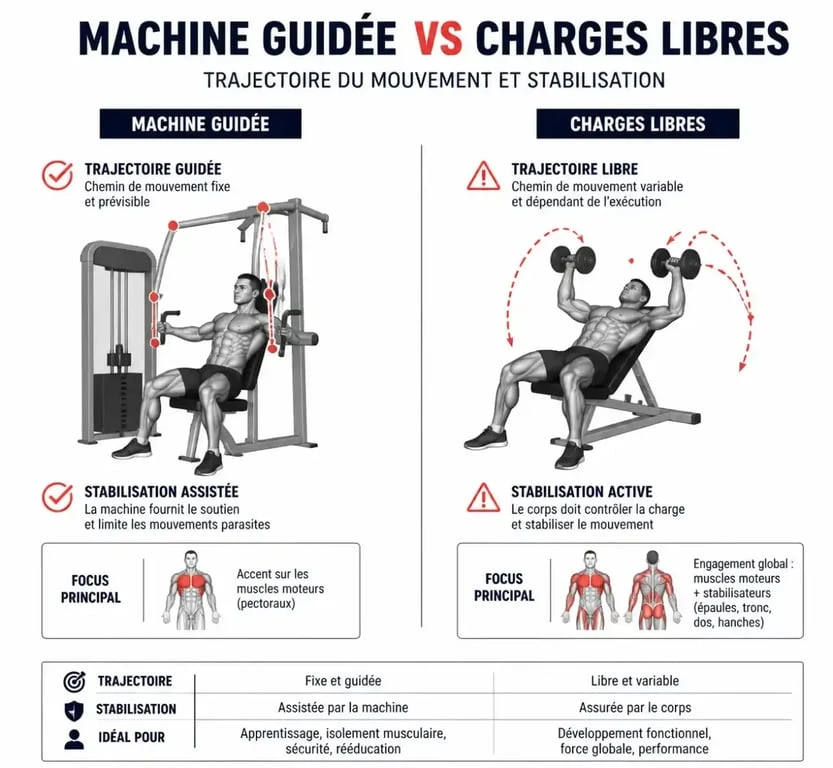 Différence entre machines de salle de sport guidées et charges libres