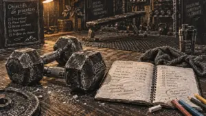 Motivation musculation : haltères et carnet d’entraînement réaliste