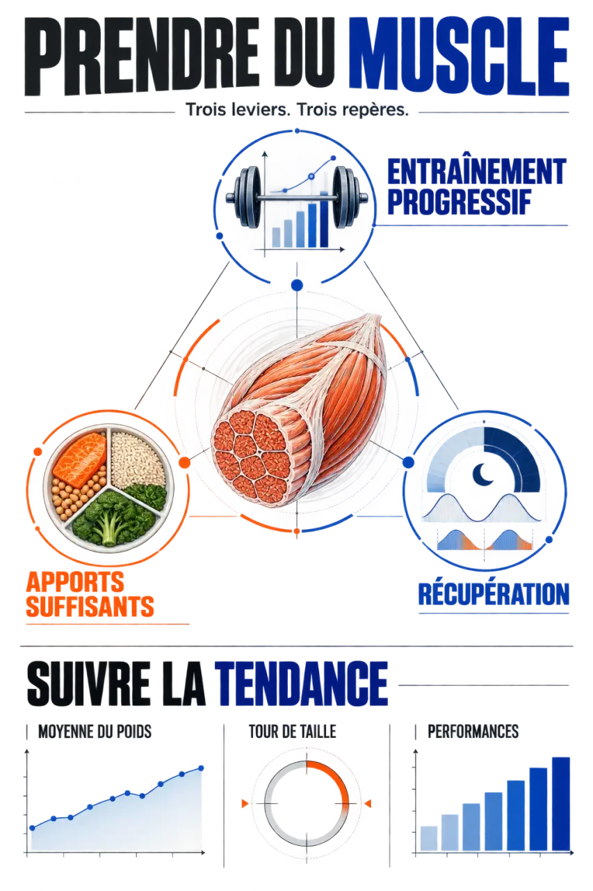 Infographie sur la prise de masse musculaire et ses trois leviers : entraînement, alimentation et récupération