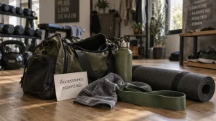 Accessoire pour sport : gourde, serviette et tapis dans un sac de sport