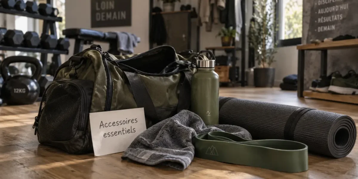 Accessoire pour sport : gourde, serviette et tapis dans un sac de sport