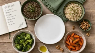 Aliment bon pour la santé : assiette fibres, lentilles, légumes