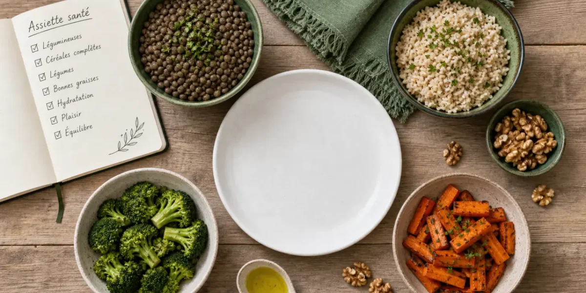 Aliment bon pour la santé : assiette fibres, lentilles, légumes