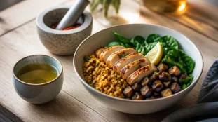 Aliments brûle graisse : bowl minceur quinoa, poulet, thé vert et piment