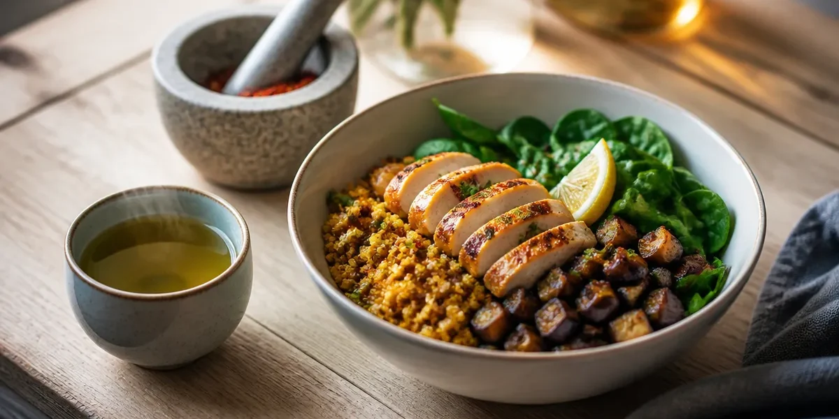 Aliments brûle graisse : bowl minceur quinoa, poulet, thé vert et piment