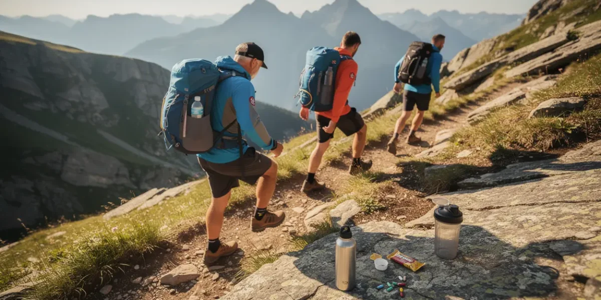 hommes en randonnée montagne avec accessoires brûleur de graisse