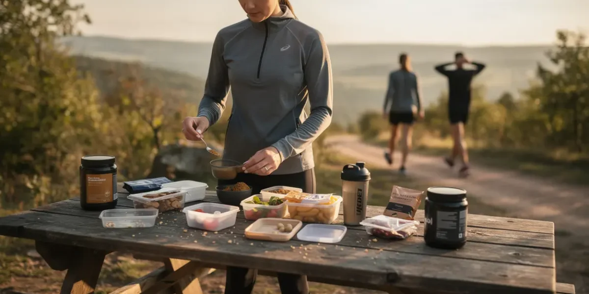 Sportif préparant compléments et collations en pleine nature