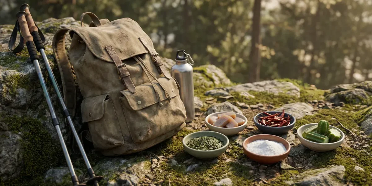 Sac à dos et aliments coupe-faim naturels sur sentier, randonnée