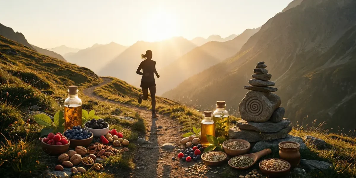 Sportif sur sentier avec aliments sains coupe faim bruleur de graisse