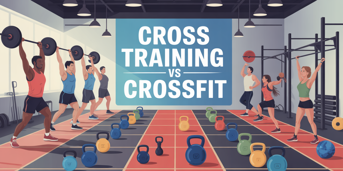 Illustration centrale avec silhouettes Cross Training et CrossFit, haltères et ambiance inclusive
