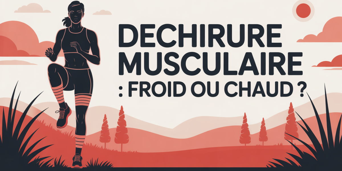 Sportif jambe bandée dehors, titre Déchirure musculaire froid ou chaud