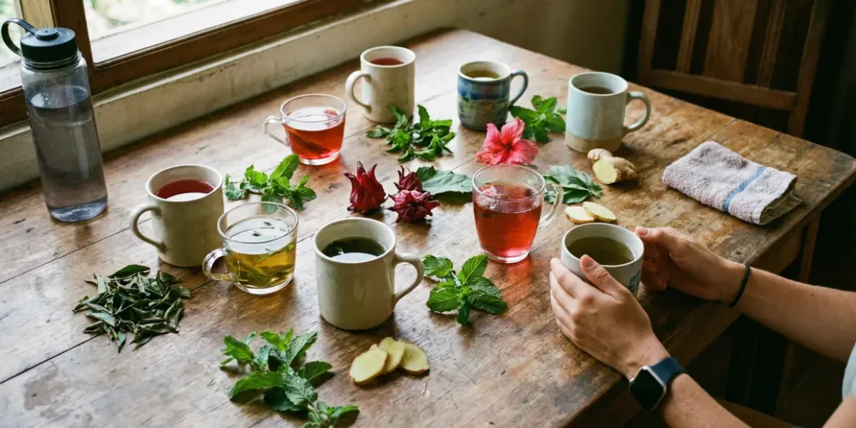 infusion brûle-graisse avec accessoires sportifs sur une table