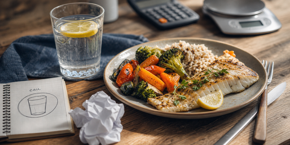 Maigrir du ventre alimentation : dîner anti-fringales, assiette légumes, protéines