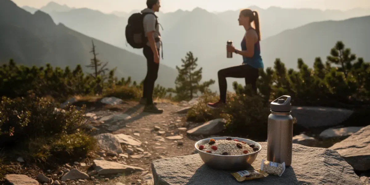 Randonneurs sur sentier, nutrition saine et bien-etre en outdoor