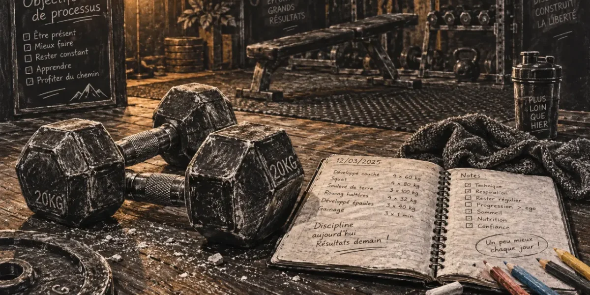 Motivation musculation : haltères et carnet d’entraînement réaliste