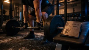 Musculation pour la force : barre olympique chargée en salle de musculation