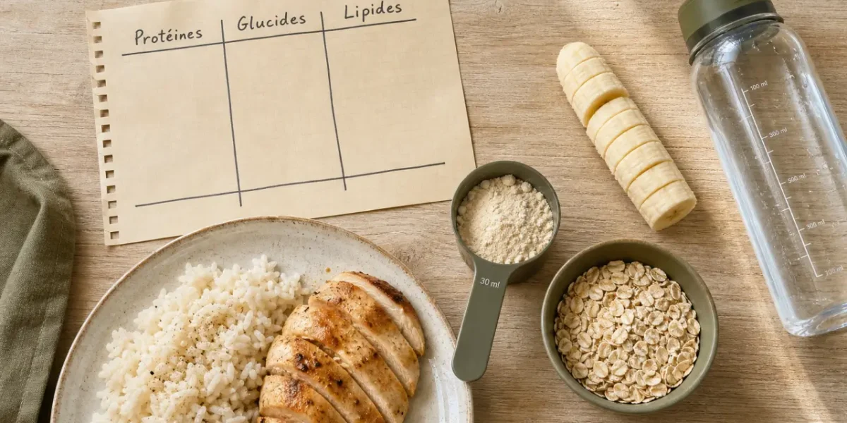 Nutrition pour la musculation : protéines, glucides, lipides (whey, riz, poulet)